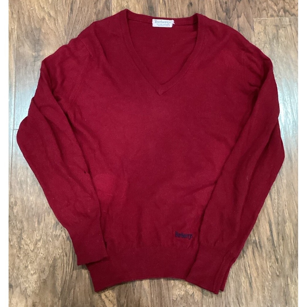 Vintage Burberry Lambswool V Neck Burgundy Red Sweater Men  Made in Scotland